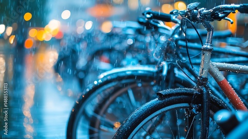 A serene rainy day scene featuring bicycles parked under droplets, illuminated by soft city lights, showcasing urban transportation amidst a moody atmosphere.