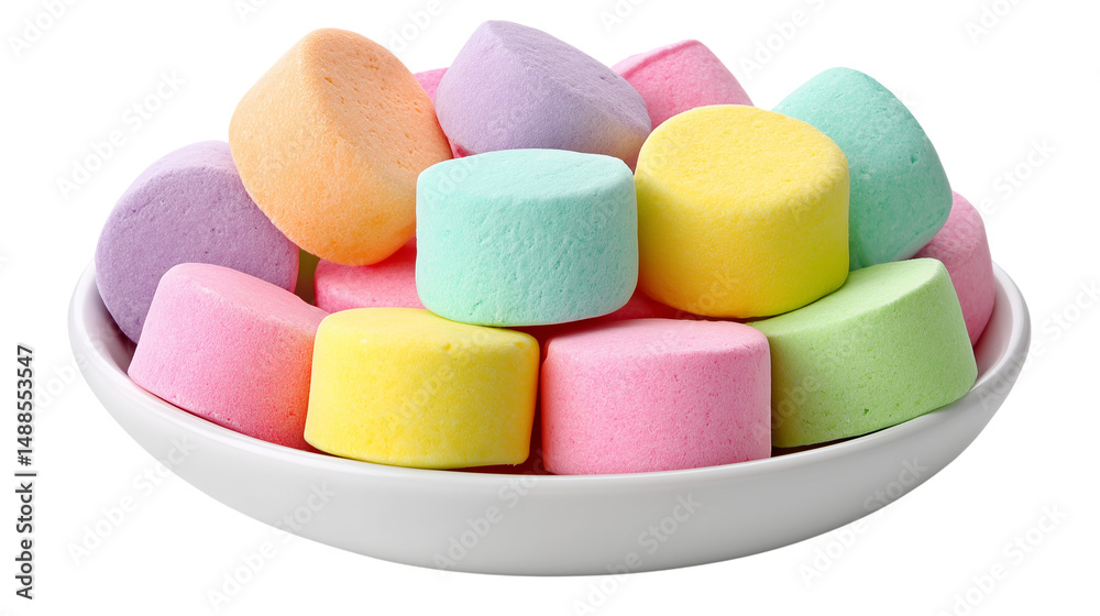 Colorful marshmallows in a white bowl