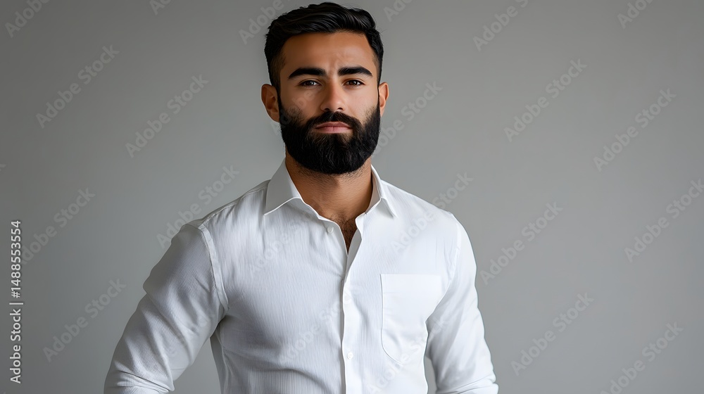Fototapeta premium Young Arab man with well-groomed beard and slicked-back black hair, wearing a white dress shirt with rolled-up sleeves