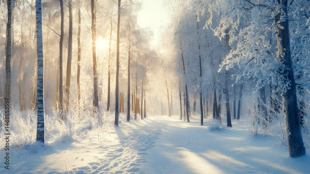 Naklejka premium Serene Winter Landscape with Snow-Covered Trees and Soft Light