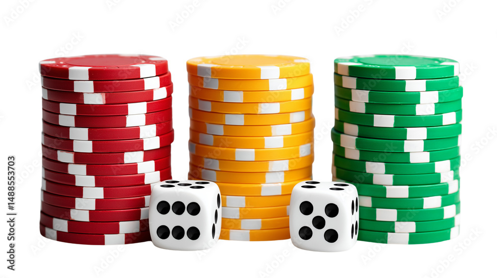 Casino poker chips and dice isolated on white