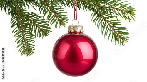 Obraz na płótnie Red Christmas ornament hanging on fir branch isolated on white w salonie