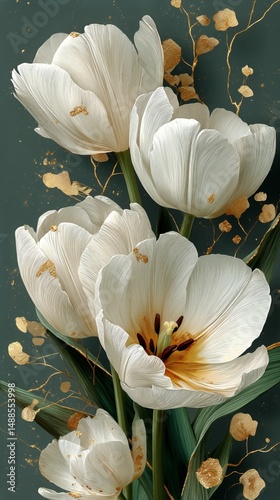 Beautiful White Tulips Surrounded by Delicate Greenery on a Vibrant Blue Back...