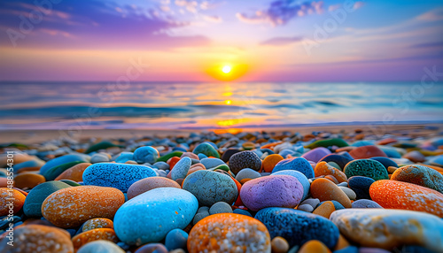 a beautiful 4k horizontal beach with colorful pebbles and a blue beautiful ocean in sunset