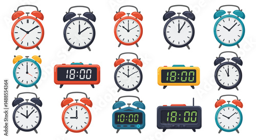A set of retro-style alarm clocks featuring black and yellow designs. Each clock differs in details such as time displayed and dial markings, presenting a consistent yet varied aesthetic appeal.

