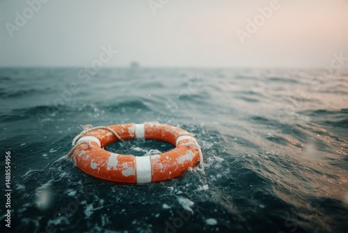 Lifebuoy Floating in Calm Waters Near a Busy Harbor During Golden Hour Light