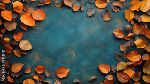 Colorful Autumn Leaves Arranged on a Teal Background Creating a Seasonal Display