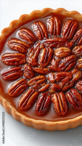 Delicious Pecan Pie With Golden Crust and Caramel Filling Presented on a Whit...