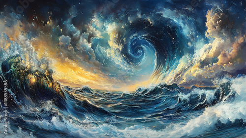 Vortex in Ocean Waves Beneath Dramatic Sky with Colorful Clouds