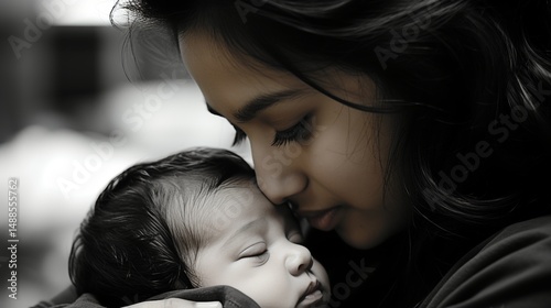 woman holding newborn son while sitting on couch in maternity hospital ward.