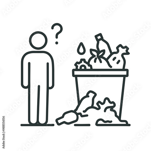 Line icon of confused person standing near overflowing trash bin, symbolizing waste management issues and public responsibility.