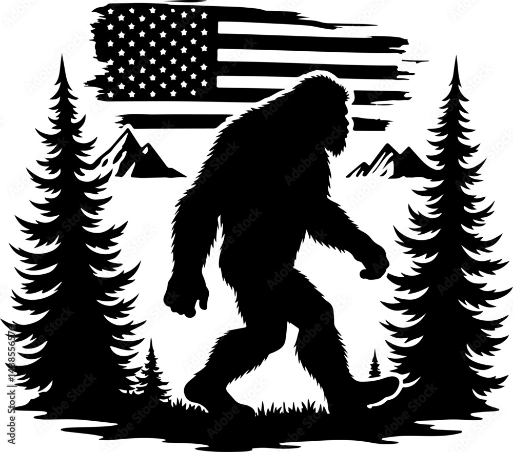 Fototapeta premium Patriotic Bigfoot in the Wild - Forest Silhouette Design