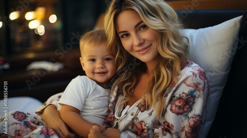 woman holding son while sitting on couch in maternity hospital ward.