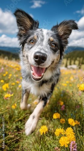 Joyful Dog Runs Through Vibrant Wildflowers Under a Blue Sky