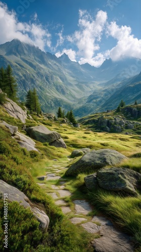 Majestic Mountain Landscape With Lush Greenery and Rocky Path Under a Bright ...