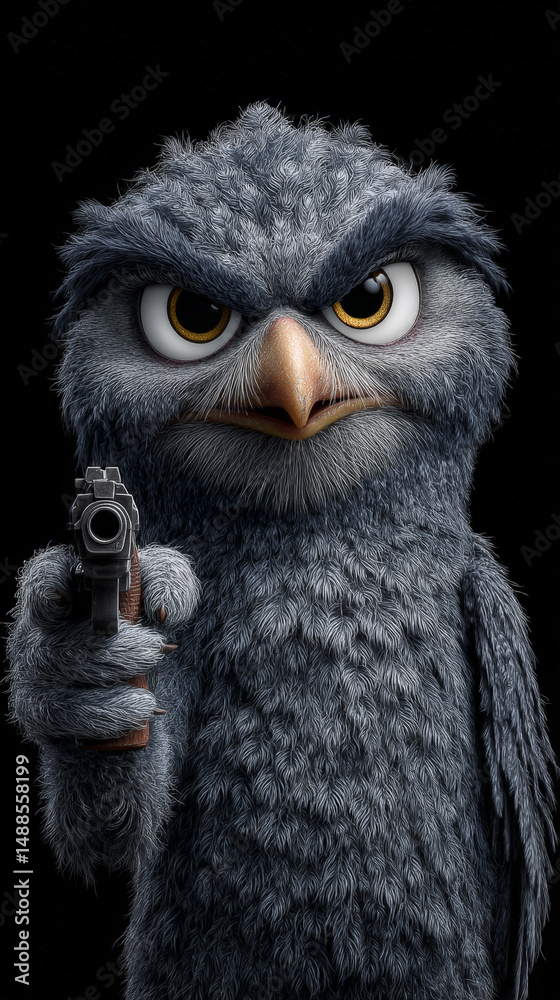 Fototapeta premium In this striking and surreal composition, a eagle-owl takes center stage, aiming a gun directly at the viewer against a pitch-black background. Generative AI