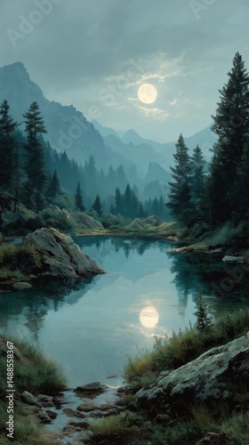 Moonlit River Reflecting Trees and Mountains Under a Twilight Sky in a Serene...