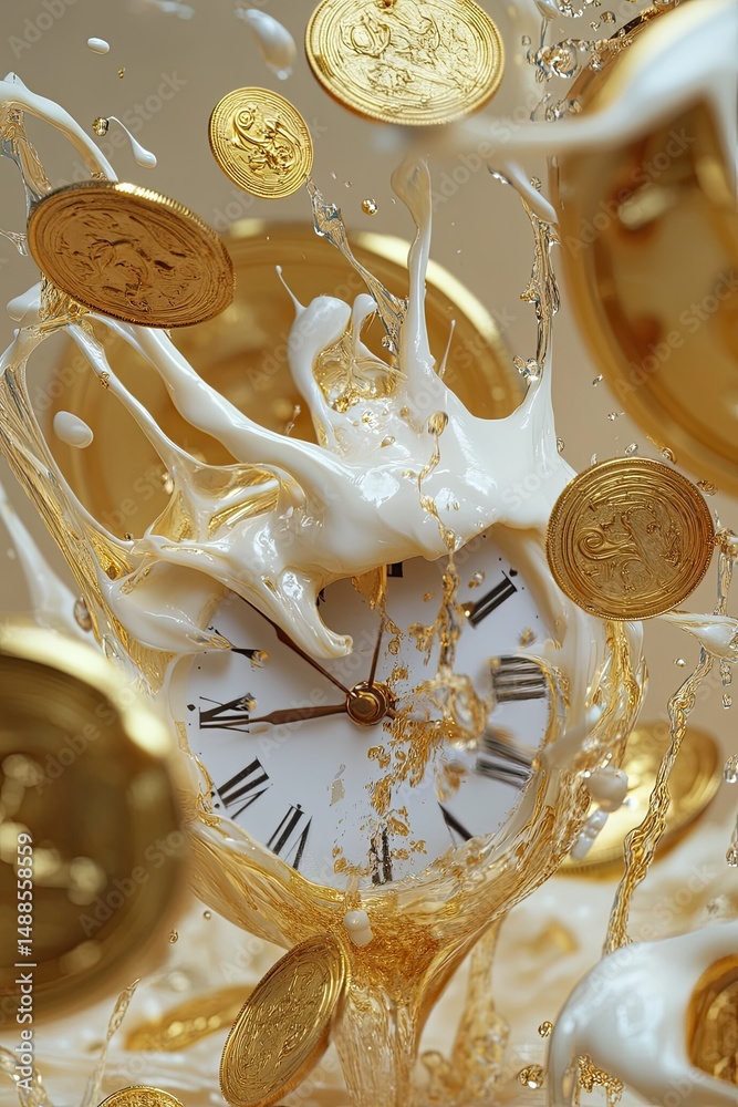 Fototapeta premium Watch in liquid with gold coins.