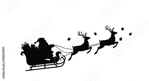 A festive illustration depicting Santa Claus on his sleigh with reindeer, delivering gifts. Perfect for capturing the joyful and magical spirit of Christmas celebrations and holiday traditions.

