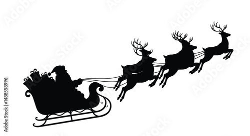 A festive illustration depicting Santa Claus on his sleigh with reindeer, delivering gifts. Perfect for capturing the joyful and magical spirit of Christmas celebrations and holiday traditions.

