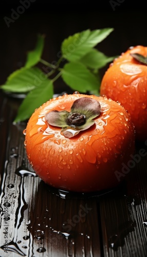 Delicious fresh juicy persimmons on wooden table, closeup