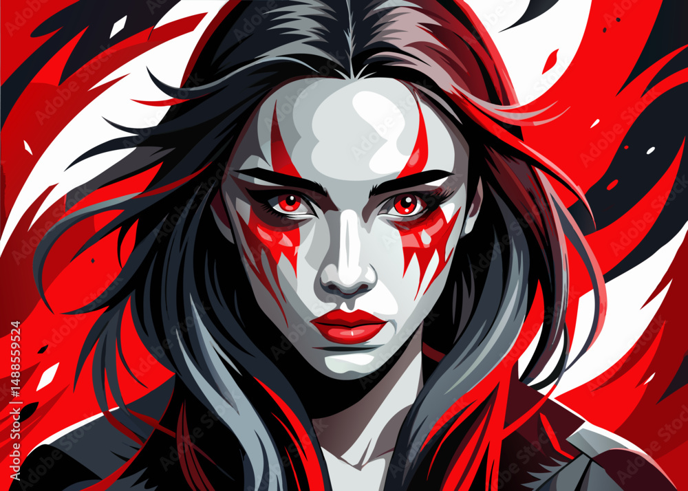 Naklejka premium Fierce warrior woman with striking red and black face paint and intense eyes.