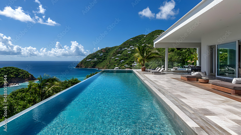 Fototapeta premium Stunning Luxury Villa with Infinity Pool Overlooking Ocean View