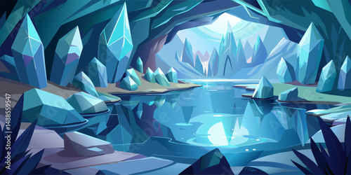 Frozen Crystal Cave with Reflective Ice Lake.