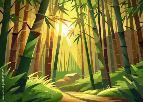 Mystical bamboo forest with golden light illuminating the ground and surrounding foliage.