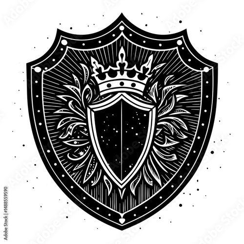 Ornate Black and White Shield with Royal Crown Emblem.
