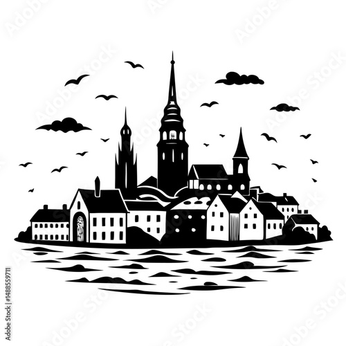 A scenic coastal town with traditional houses and a tall church steeple overlooking the ocean with seagulls soaring overhead.