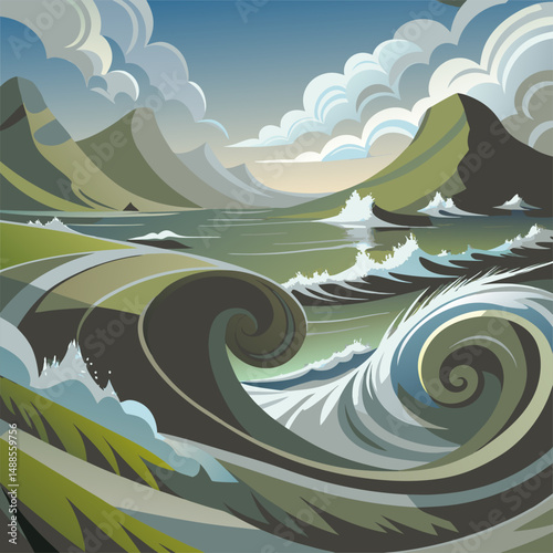 Huge Wave Cresting Near the Beach with a Picturesque Mountain Landscape.
