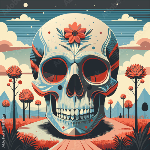 Colorful Illustration of a Skull with Star on Forehead in a Mystical Landscape.