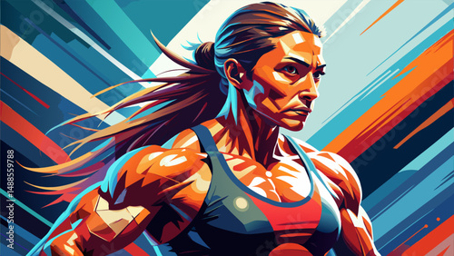 Strong female athlete running with determination and focus.