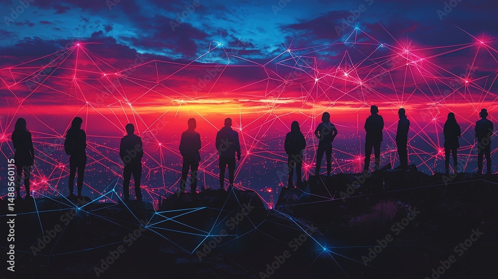 Fototapeta premium Silhouettes of people on a mountaintop, connected by a network of lines at sunrise