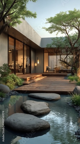 Serene Garden Pathway With Water Stream and Lush Greenery Near Modern Home