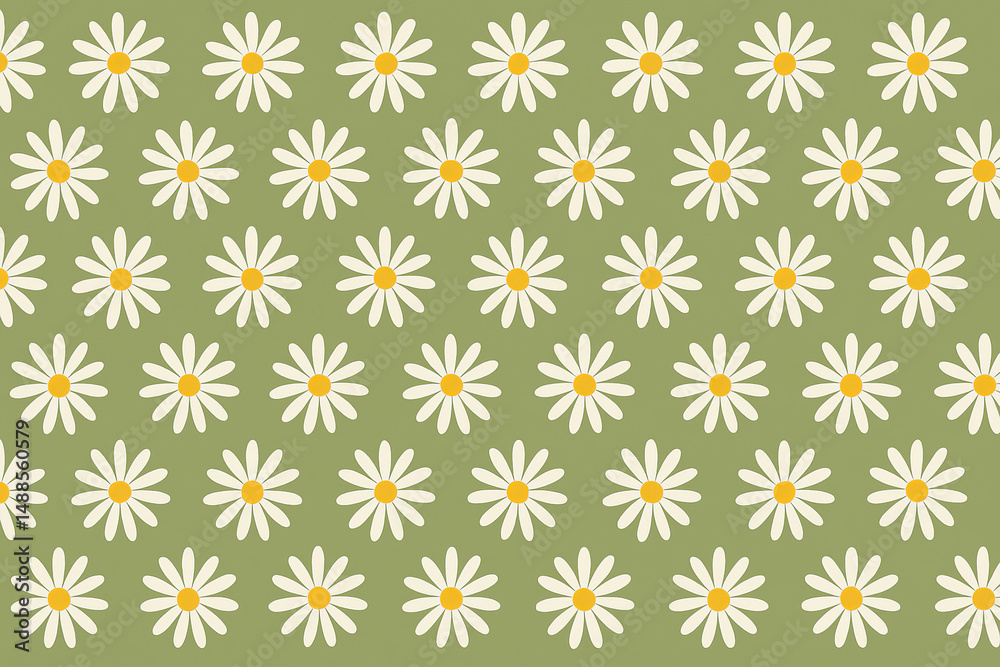 White Daisy Flower Repeating Texture on a Soft Green Field. A simple and elegant pattern, perfect for adding a delicate and organic touch to a variety of design applications. White Daisy Flower Repeating Texture on a Soft Green Field. A simple and elegant pattern, perfect for adding a delicate and organic touch to a variety of design applications.