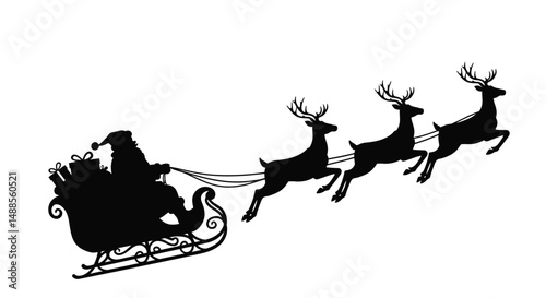 A festive illustration depicting Santa Claus on his sleigh with reindeer, delivering gifts. Perfect for capturing the joyful and magical spirit of Christmas celebrations and holiday traditions.

