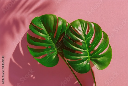Monstera Leaves Cast Shadows on a Pink Background During Daylight