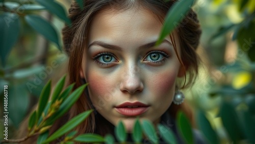 A young woman with expressive green eyes and rosy cheeks. Looking at the camera