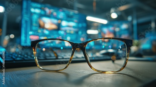 Stylish Glasses on a Wooden Desk With Blurred Technology Background in a Mode...