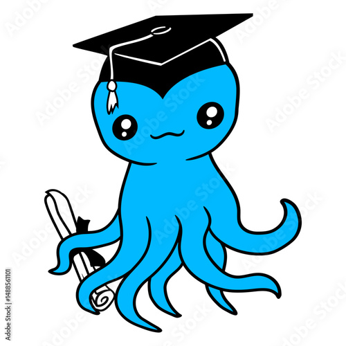 Octopus graduation high school diploma passed cute Isolated Vector Graphic Design Illustration
