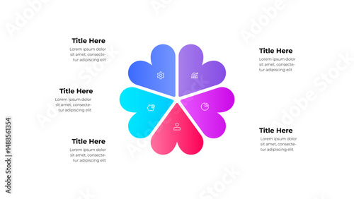 Infographic design featuring colorful 5 petal shapes arranged in a radial pattern with business icons and text placeholders for a modern and professional presentation