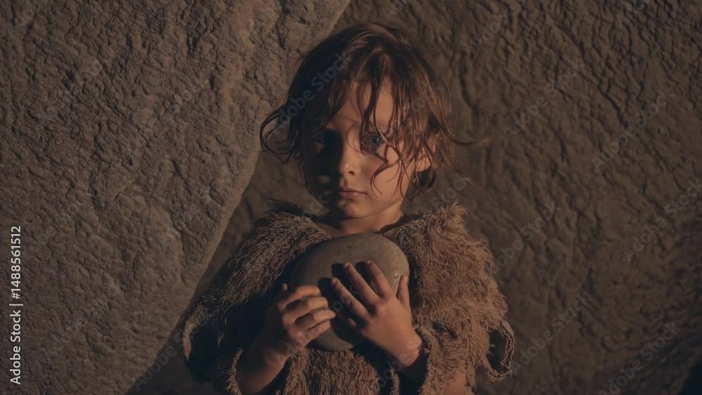 Petite fille en haillons tenant un objet dans une grotte, scène dramatique et cinématographique

