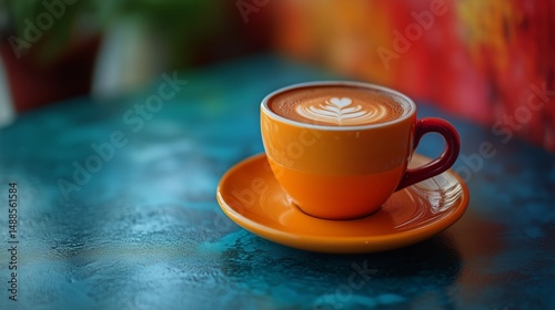 Vibrant Coffee Cup With Latte Art on a Colorful Table in a Cozy Cafe Setting