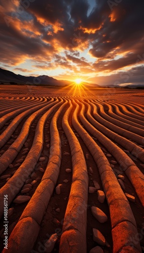 The smooth surface of the earth after harvest, with light stripes from machinery, accentuating the feeling of completion and calm.