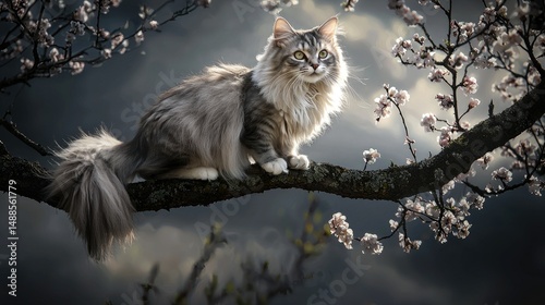 Majestic Maine Coon perched on a blossom-laden branch.