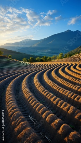 The smooth surface of the earth after harvest, with light stripes from machinery, accentuating the feeling of completion and calm.