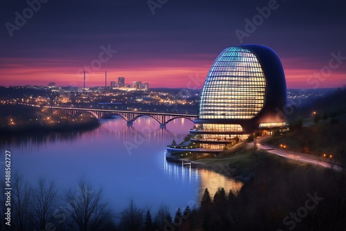Modern architecture meets river at twilight