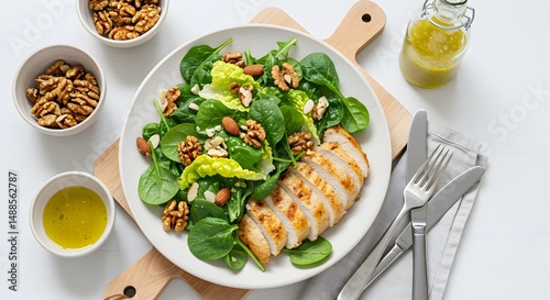 Grilled Chicken Breast with Spinach and Nut Salad Served on a Wooden Board with Dressing